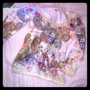 Cache floral stretch qtr sleeve lace tee